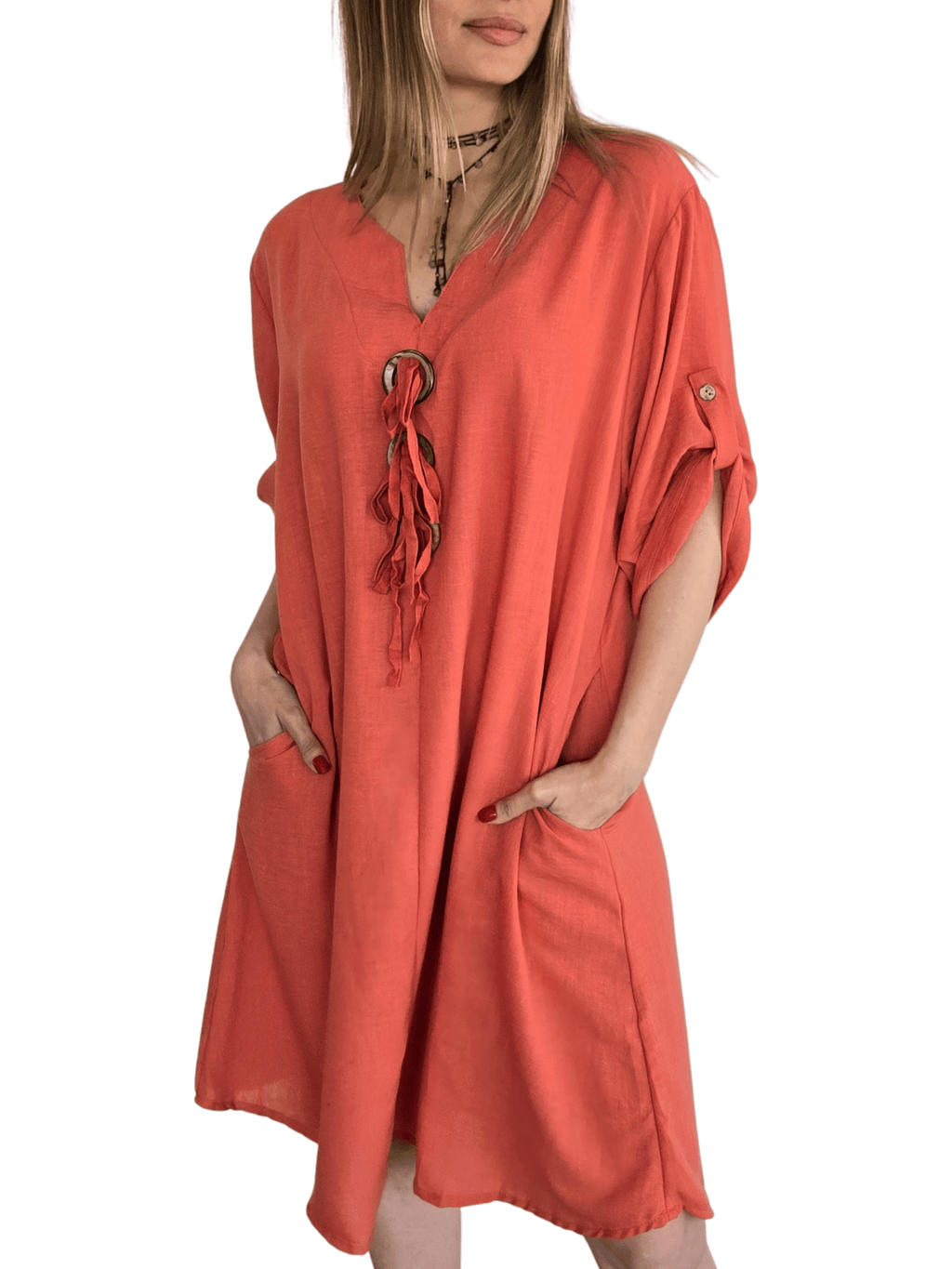 Vestido Tres Botones, color Terracota