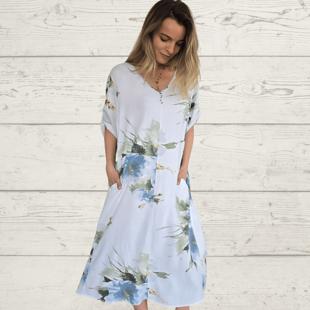 Vestido Estampado escote en V, fondo Blanco