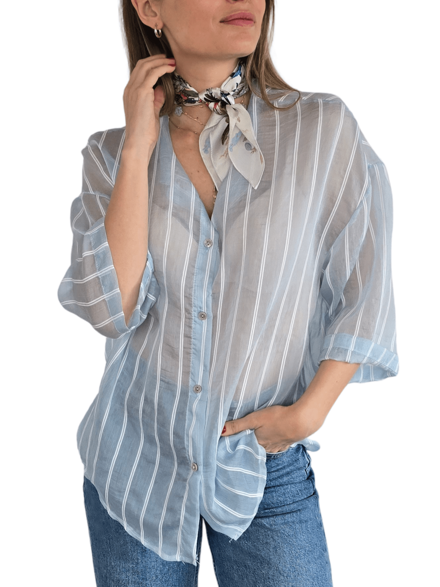 Blusa Italiana Rayada, fondo Celeste