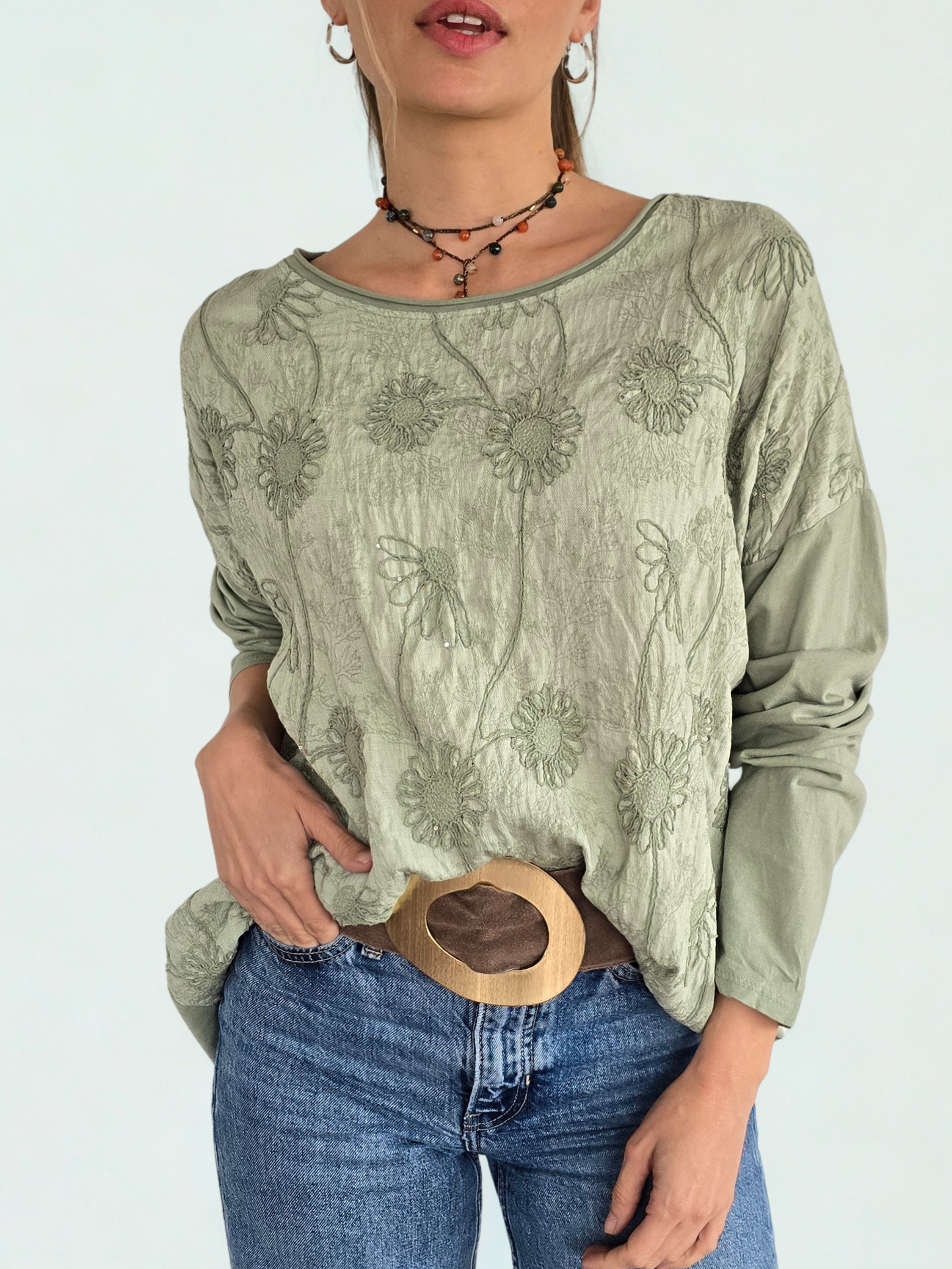 Blusa Italiana Bordada, color Verde Menta