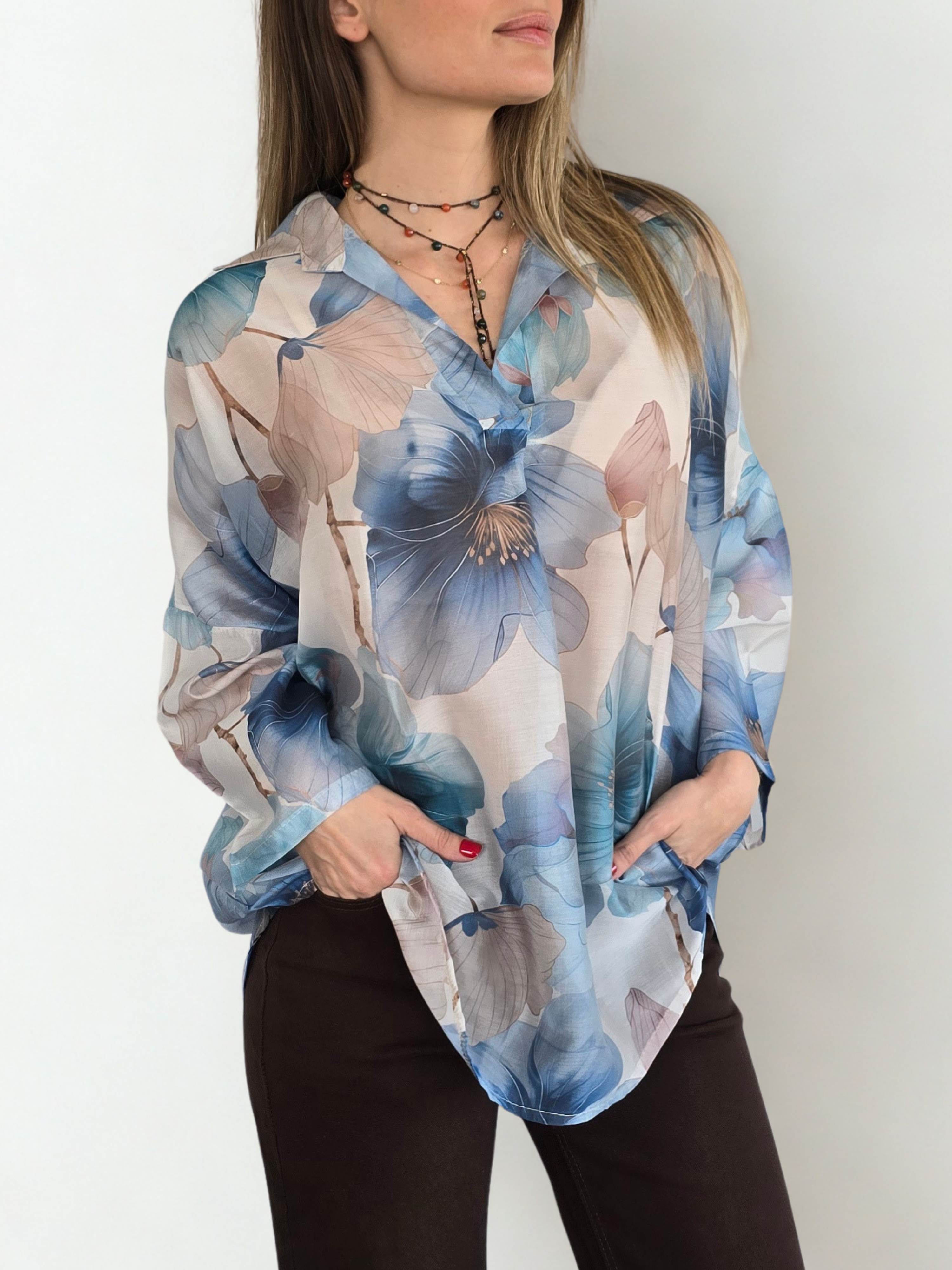 Blusa Italiana Estampada, colores Celeste y Beige