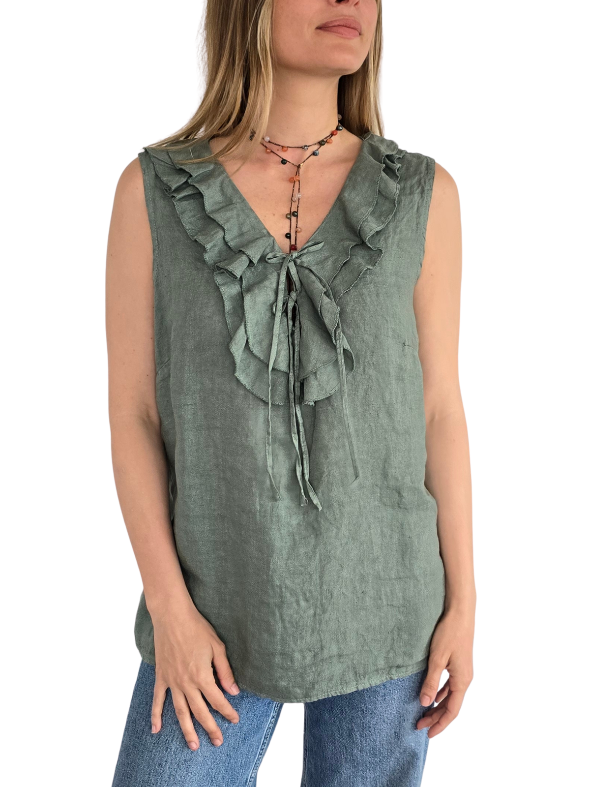 Blusa Italiana 100% Lino Vuelos, color Verde
