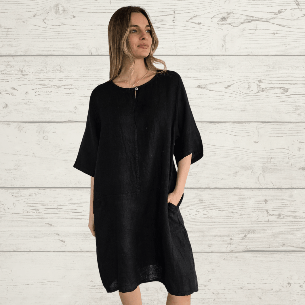 Vestido Lino Italiano un botón, color Negro