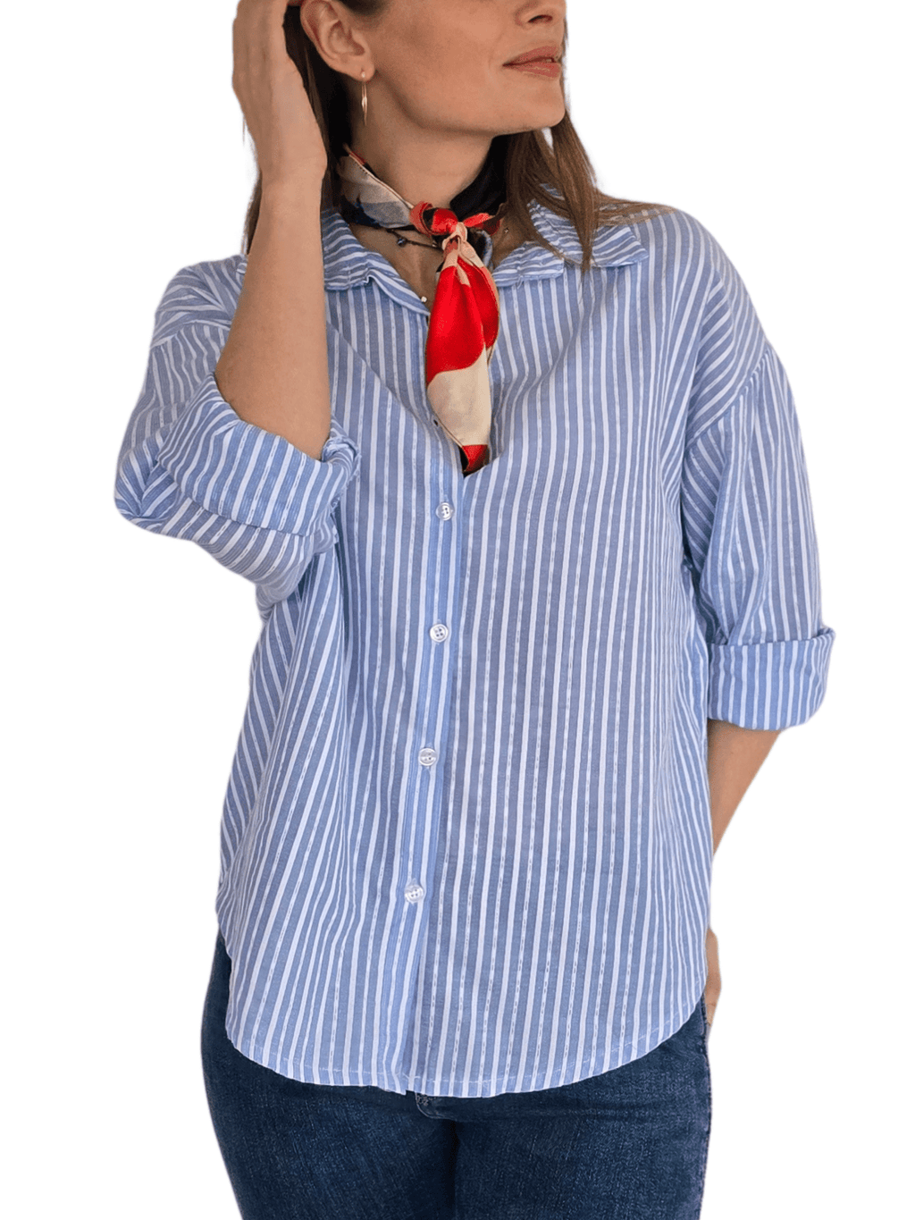 Blusa Italiana Rayada, color Celeste con Blanco