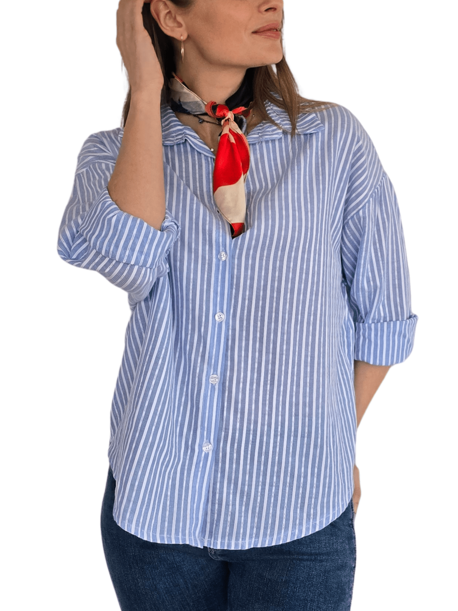 Blusa Italiana Rayada, color Celeste con Blanco