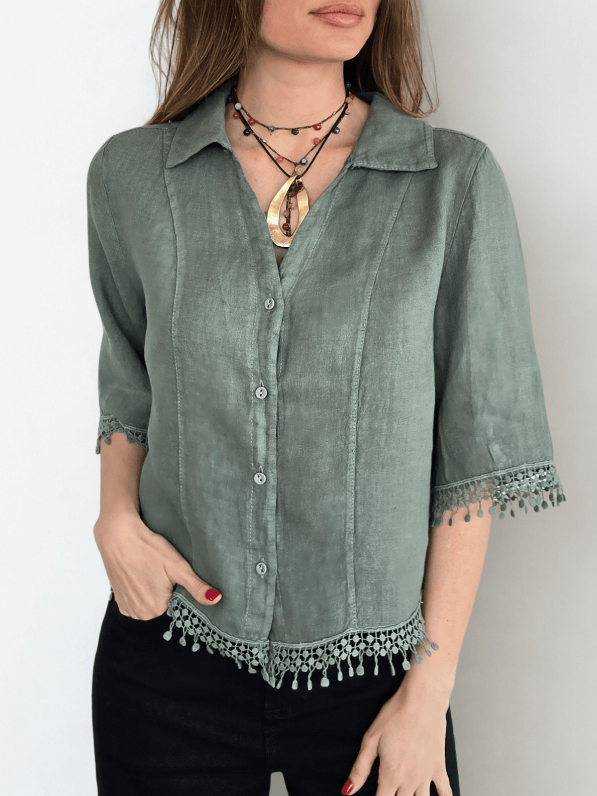 Blusa Italiana 100% Lino Bordada, color Verde