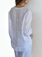 Blusa Italiana 100% Lino con tres Botones, color Blanco