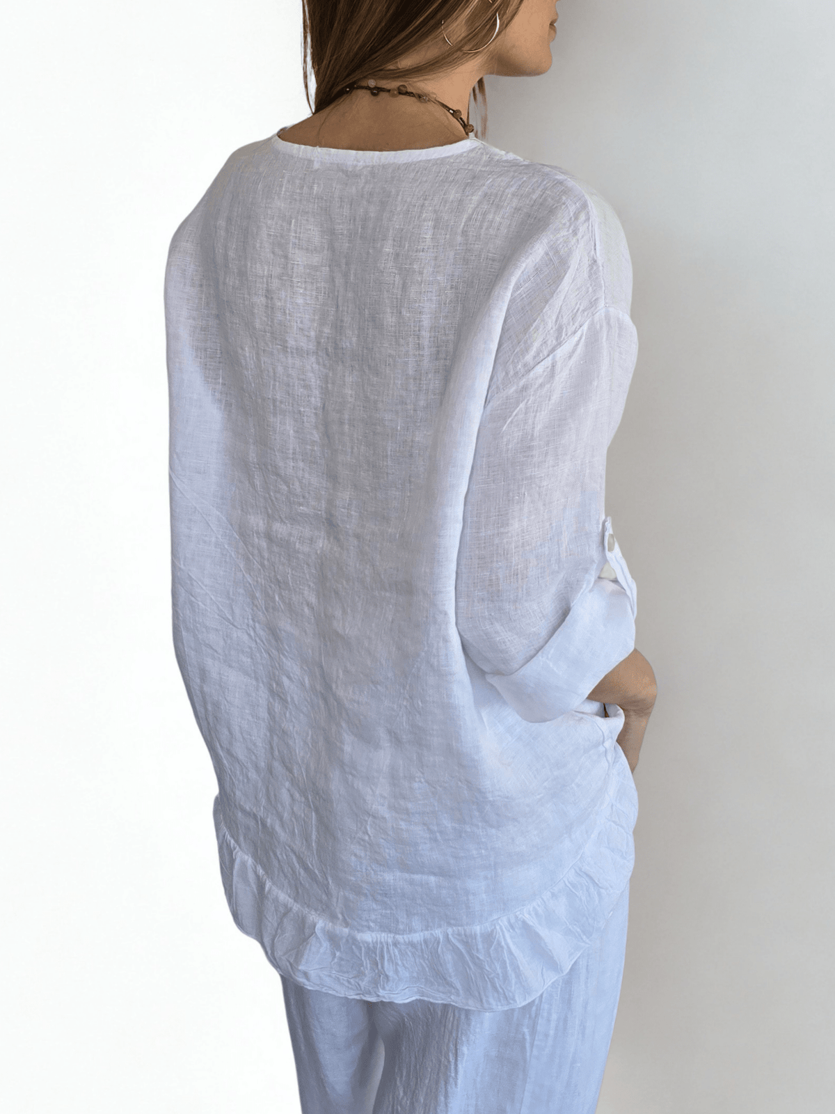 Blusa Italiana 100% Lino con tres Botones, color Blanco