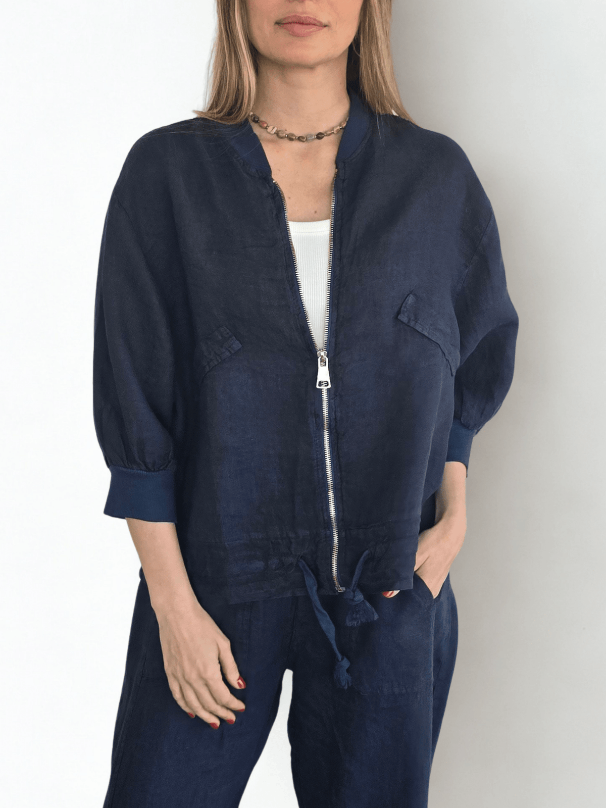 Chaqueta Bomber Italiana 100% Lino, color Azul Marino