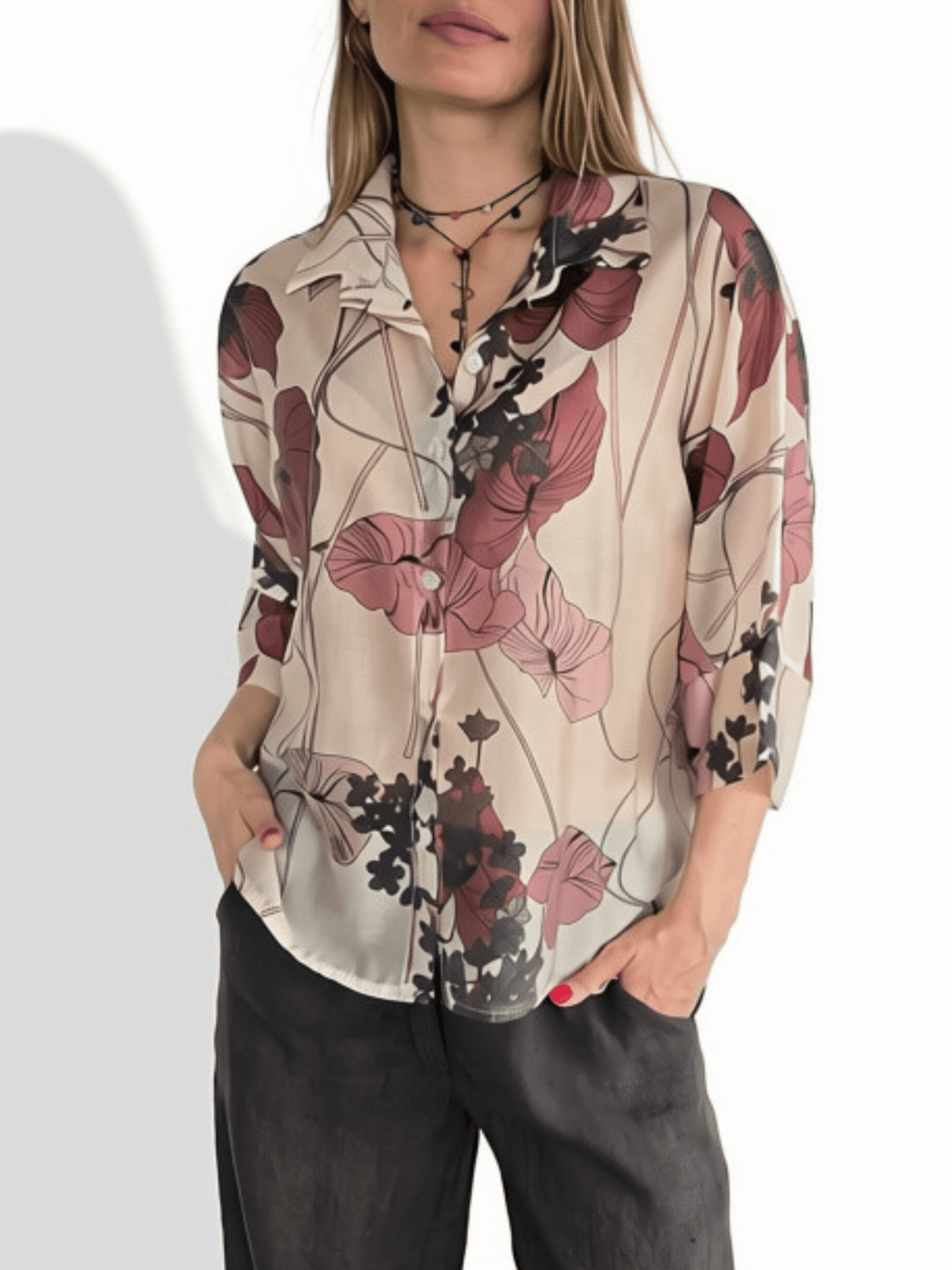 Blusa Italiana Estampado Flores, fondo Beige