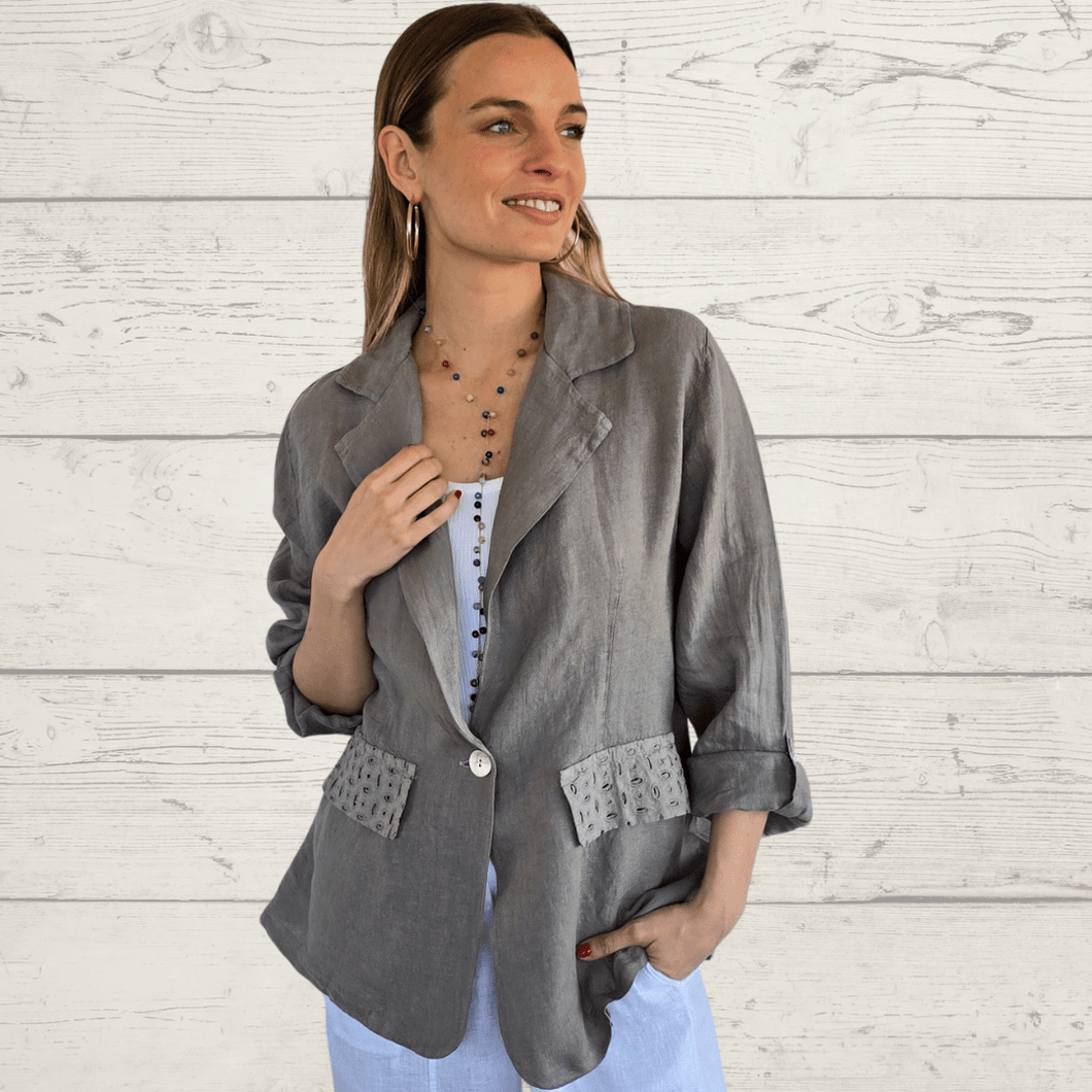 Chaqueta Blazer 100% Lino Italiano con bordado, color Taupe