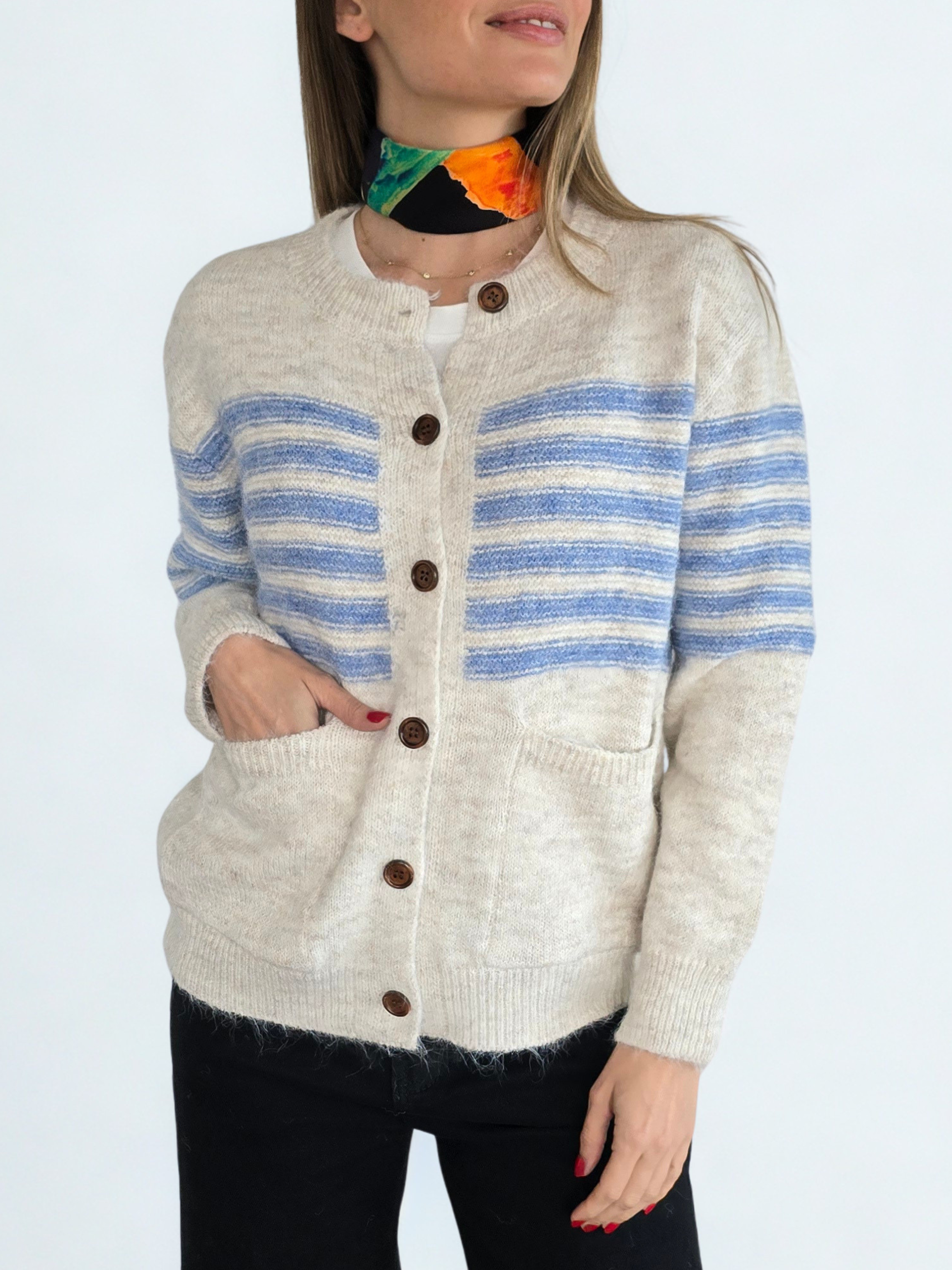 Chaleco con Rayas, color Beige con Celeste