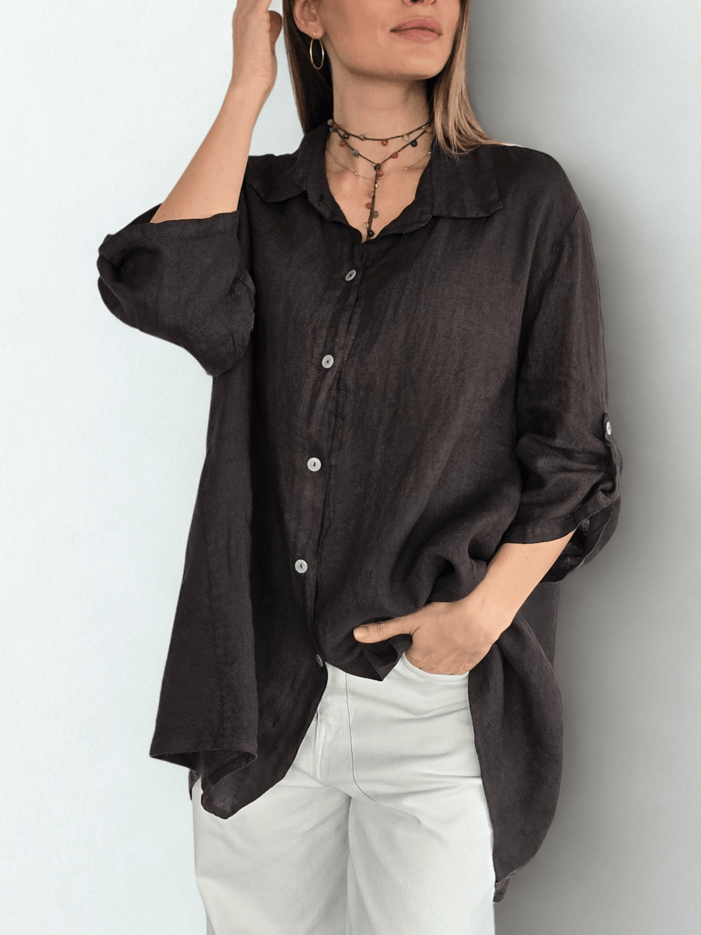 Blusa Italiana 100% lino Ancha, color Café