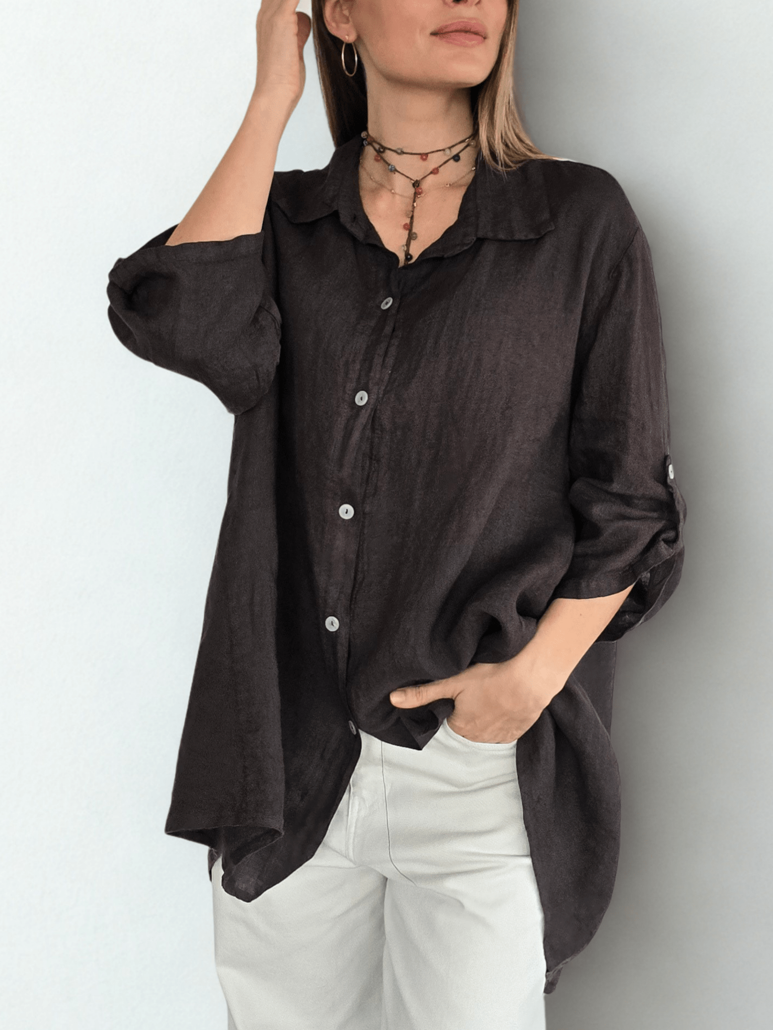 Blusa Italiana 100% lino Ancha, color Café