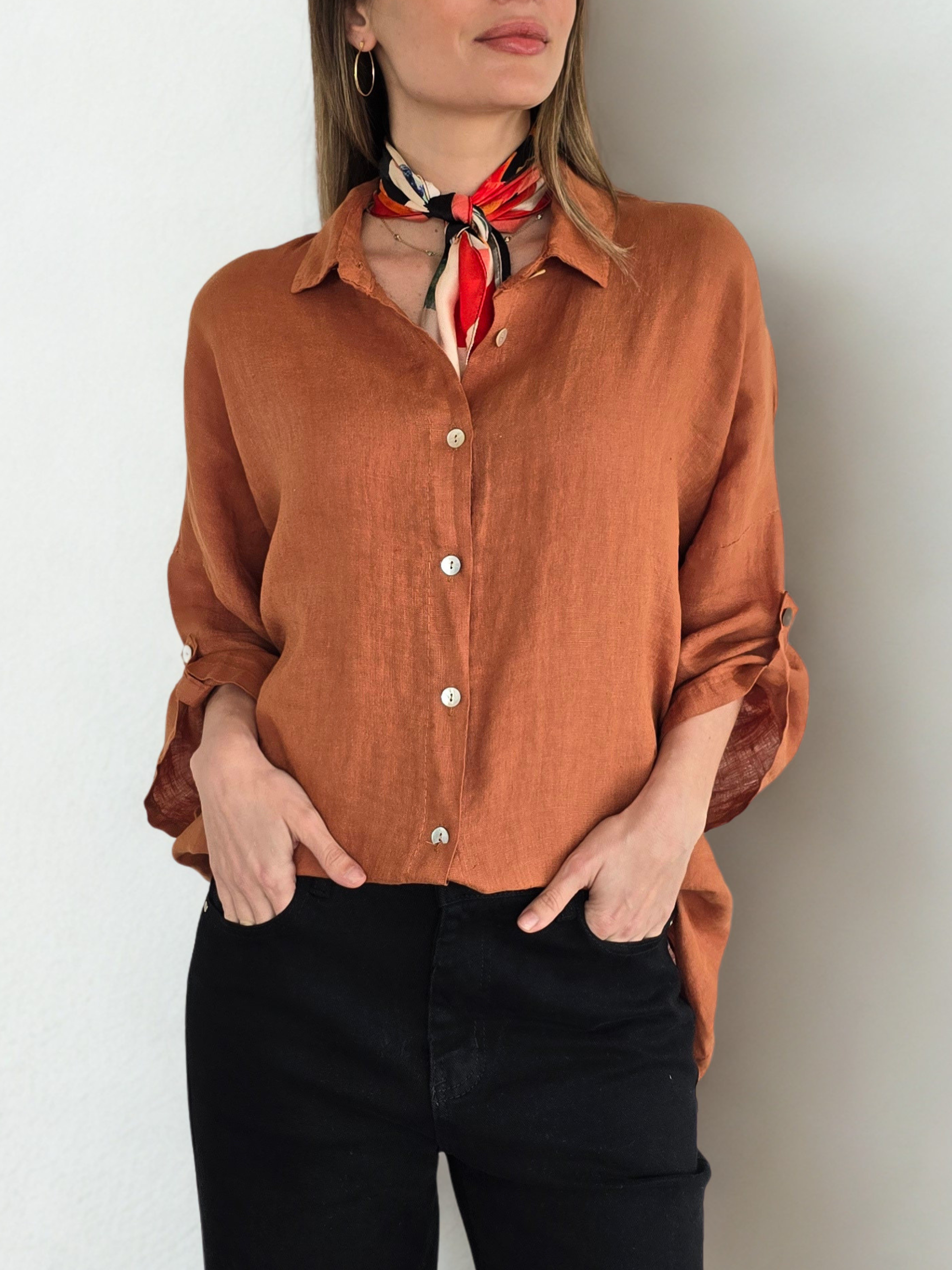Blusa de Lino Italiano Ancha, color Terracota