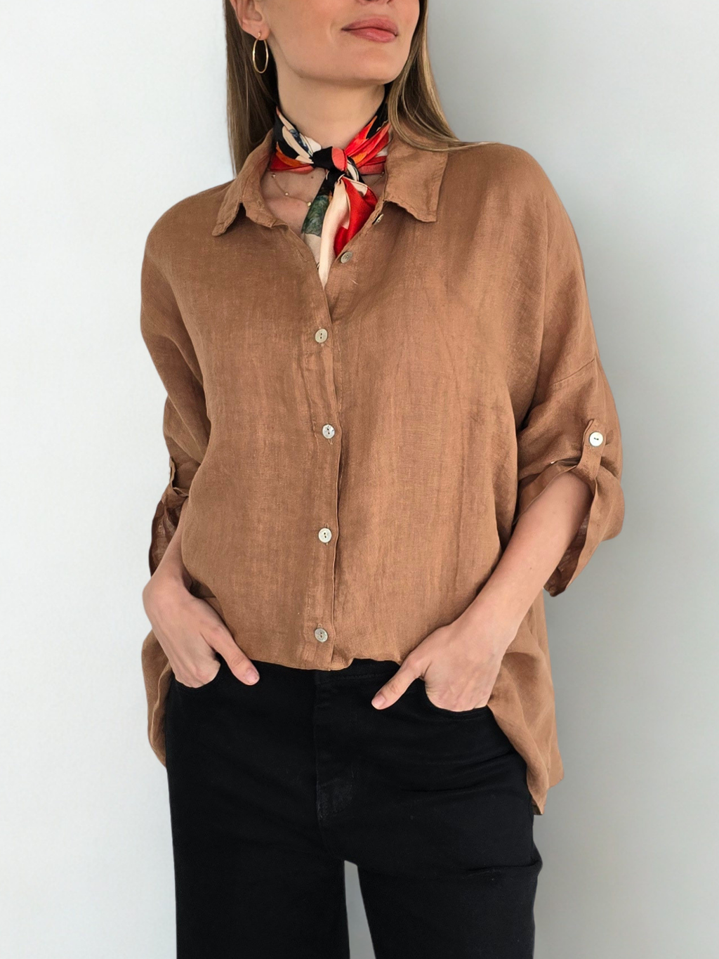Blusa de Lino Italiano Ancha, color Camel