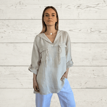 Cargar imagen en el visor de la galería, Blusa de lino Italiano Tiritas, color Beige
