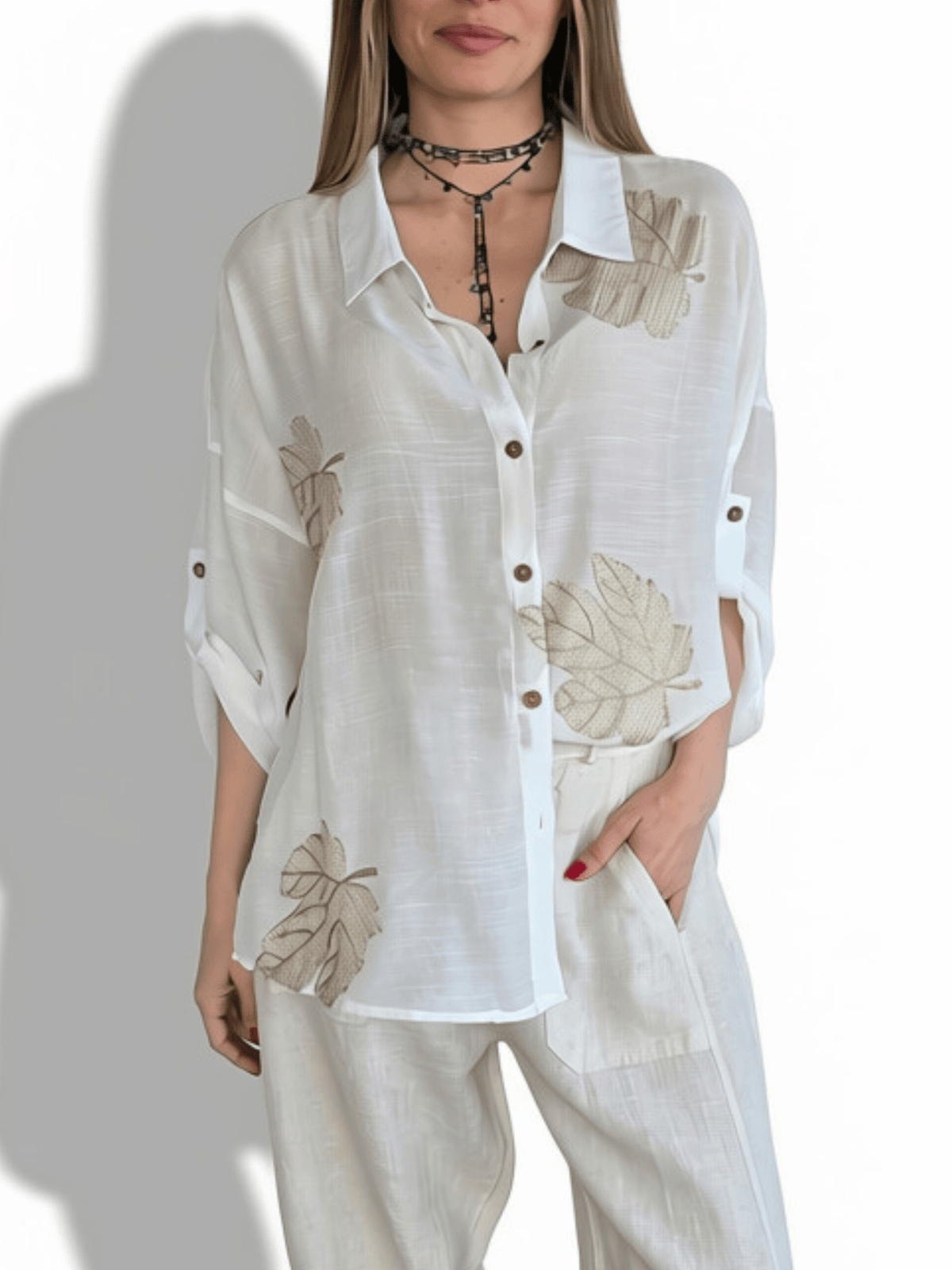 Blusa Bordado Hojas, color Blanco
