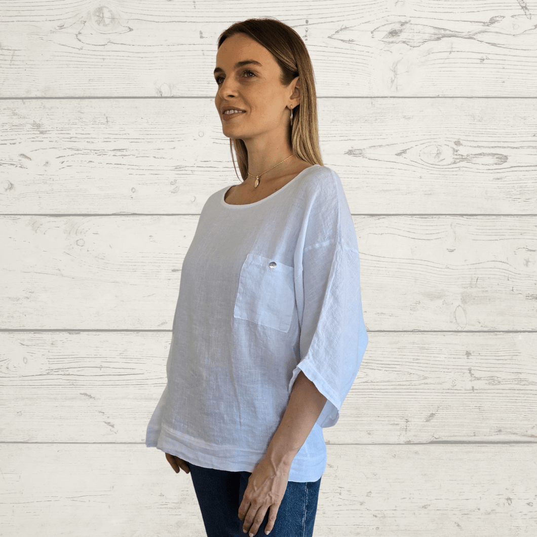 Blusa de Lino Italiano un bolsillo, color Blanco