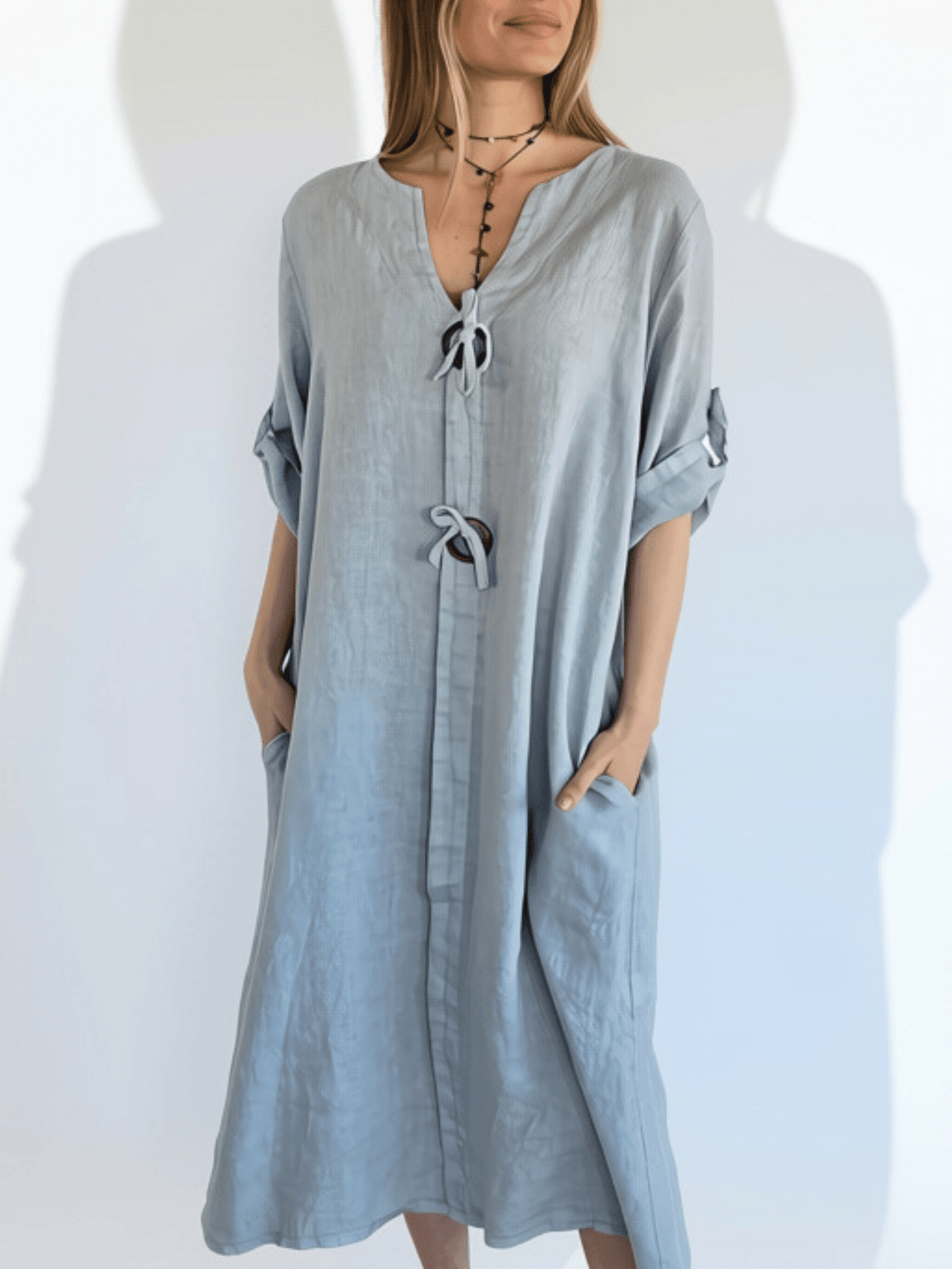 Vestido Italiano 100% Lino Botones, color Gris