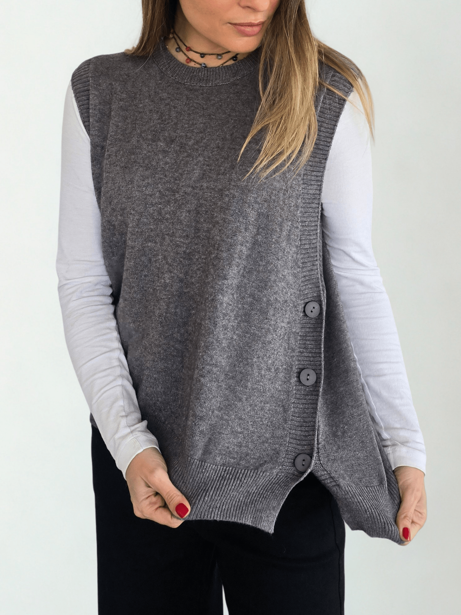 Sweater sin mangas Botones, color Gris
