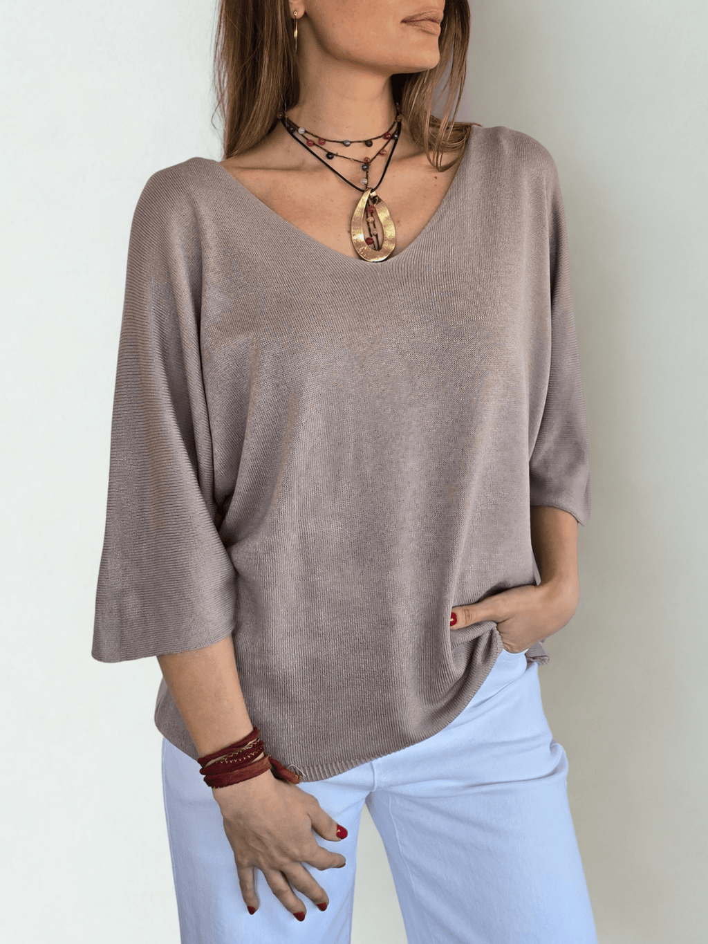 Sweater Italiano Manga 3/4, color Taupe