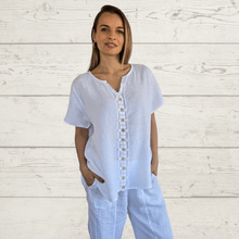 Cargar imagen en el visor de la galería, Blusa 100% Lino Italiano Bordada, color Blanco

