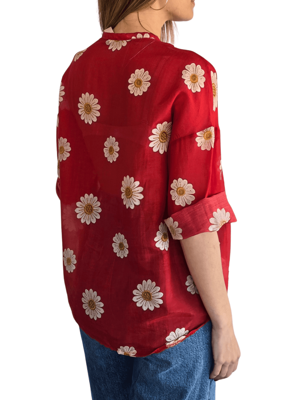 Blusa Italiana con Flores, fondo Rojo