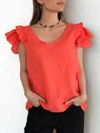 Blusa Italiana 100%Lino Mangas Irregulares, color Coral