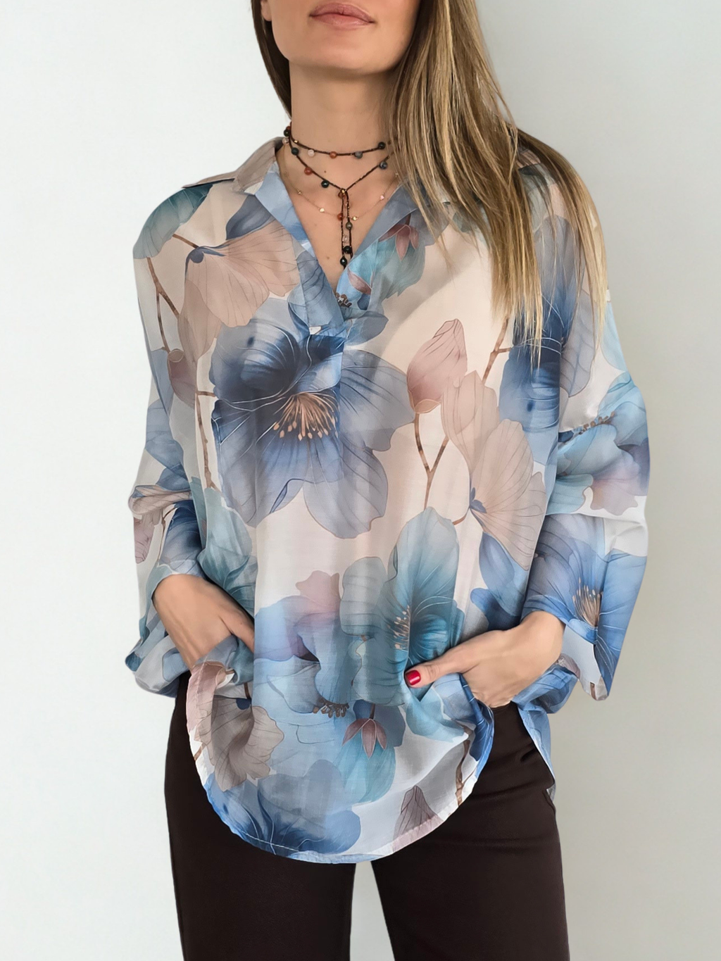 Blusa Italiana Estampada, colores Celeste y Beige
