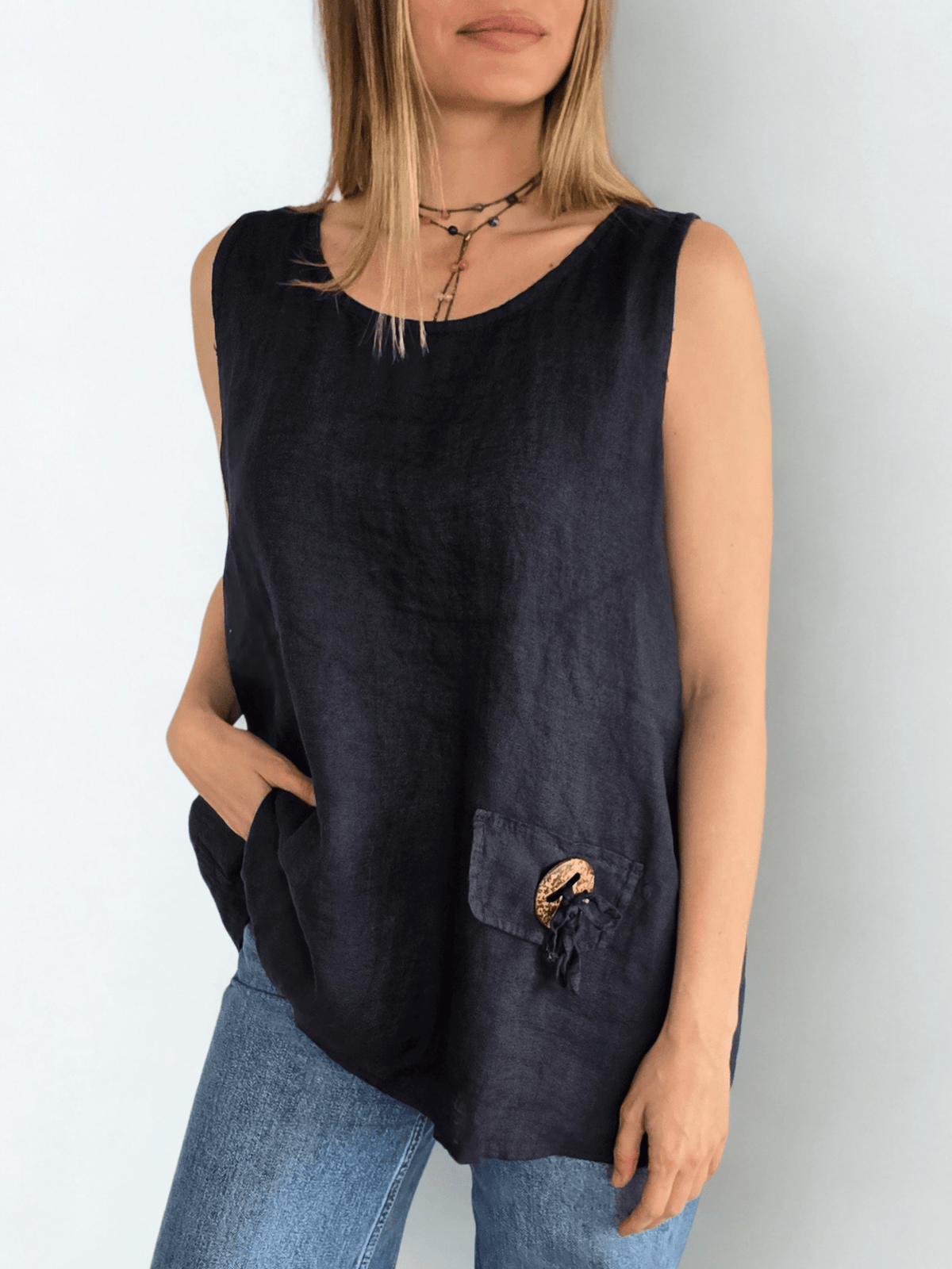 Blusa 100% Lino Italiano Botón, color Azul Marino