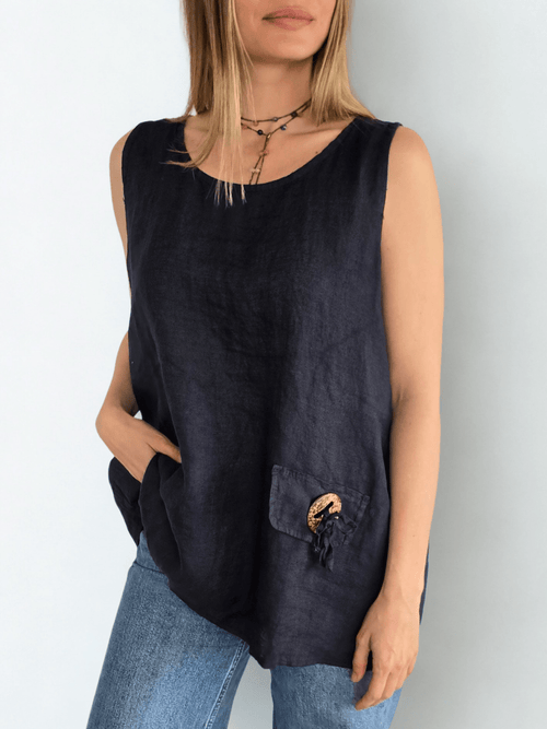 Blusa 100% Lino Italiano Botón, color Azul Marino