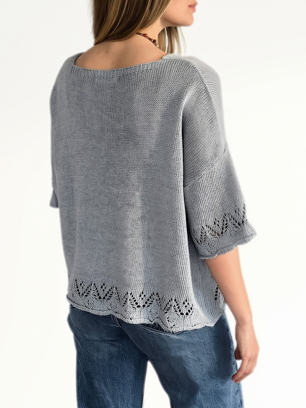 Sweater Italiano Pretina y Puño Calado, color Celeste