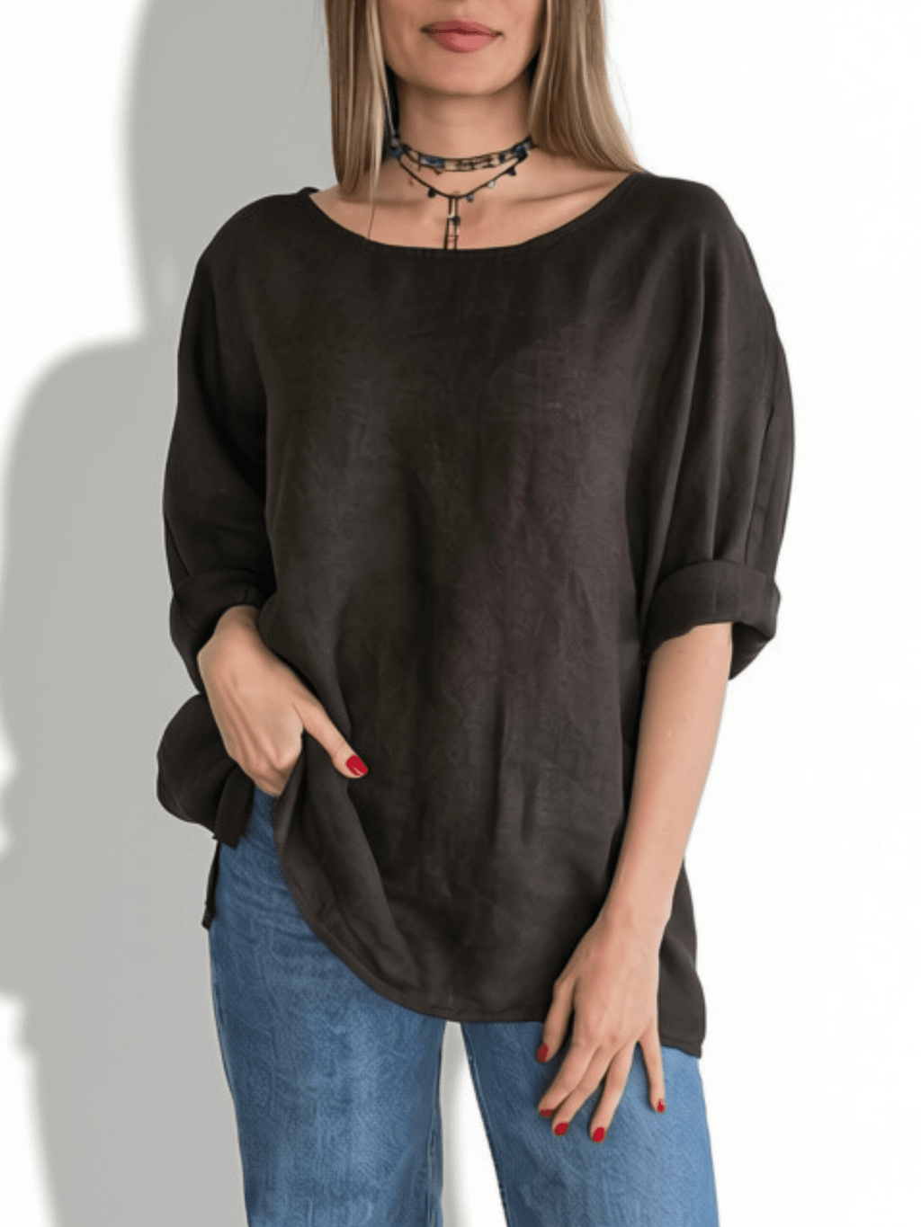Blusa 100% Lino Italiano Ancha, color Chocolate