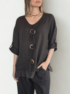 Blusa Italiana 100% Lino con tres Botones, color Chocolate