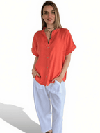 Blusa Italiana 100% Lino Escote en V, color Salmón
