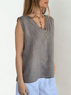 Blusa Italiana 100% Lino escote en V, color Taupe