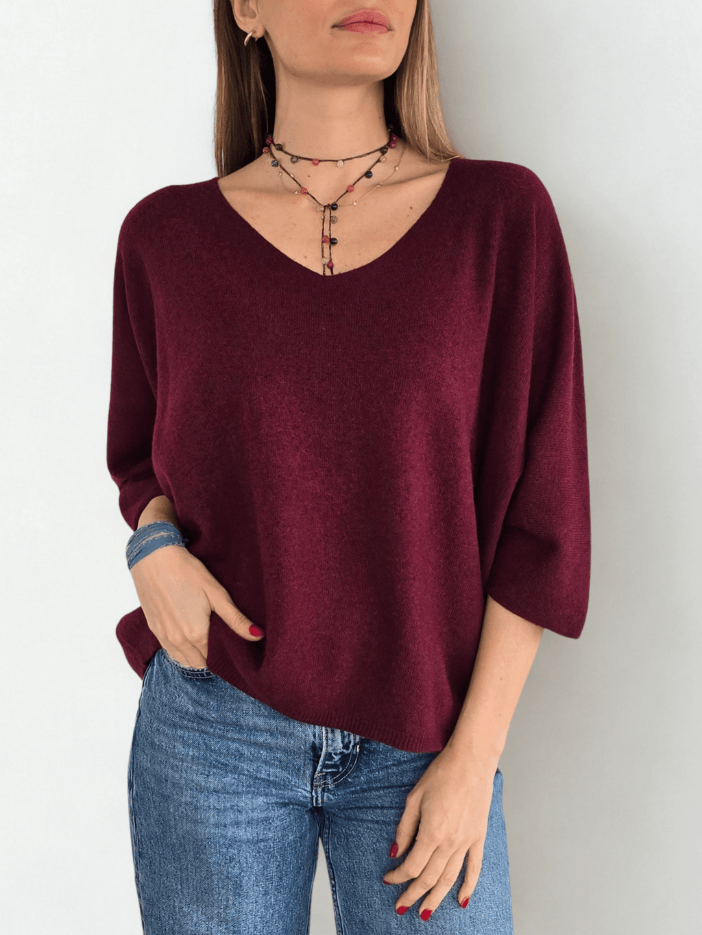 Sweater Italiano Manga 3/4, color Guinda