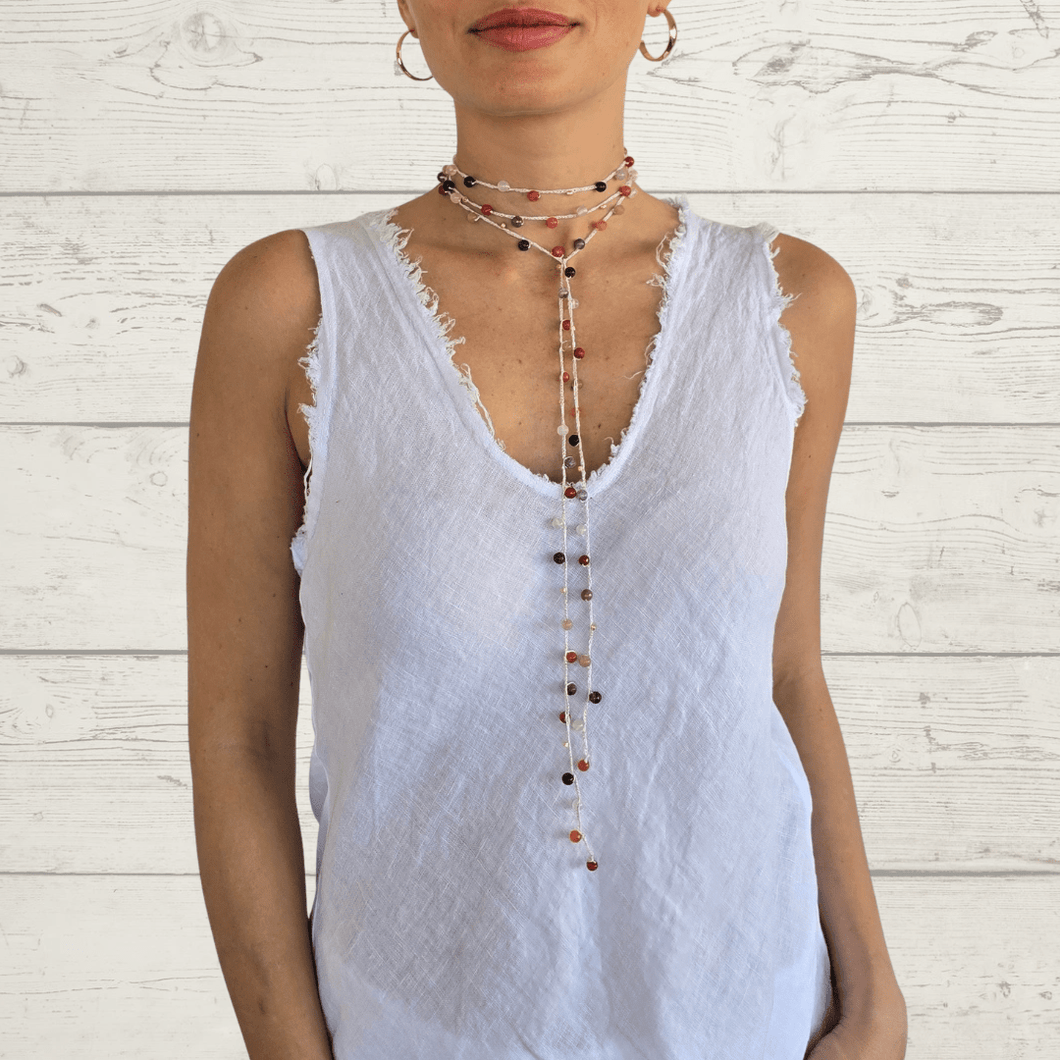 Collar largo con ágatas, color Blanco