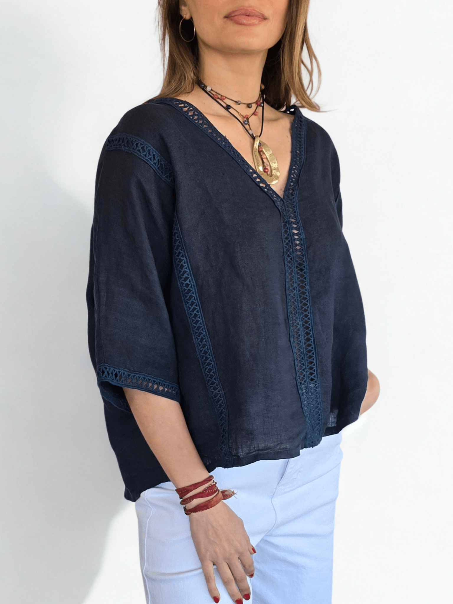 Blusa 100% Lino Italiano Pasamanería, color Azul Marino