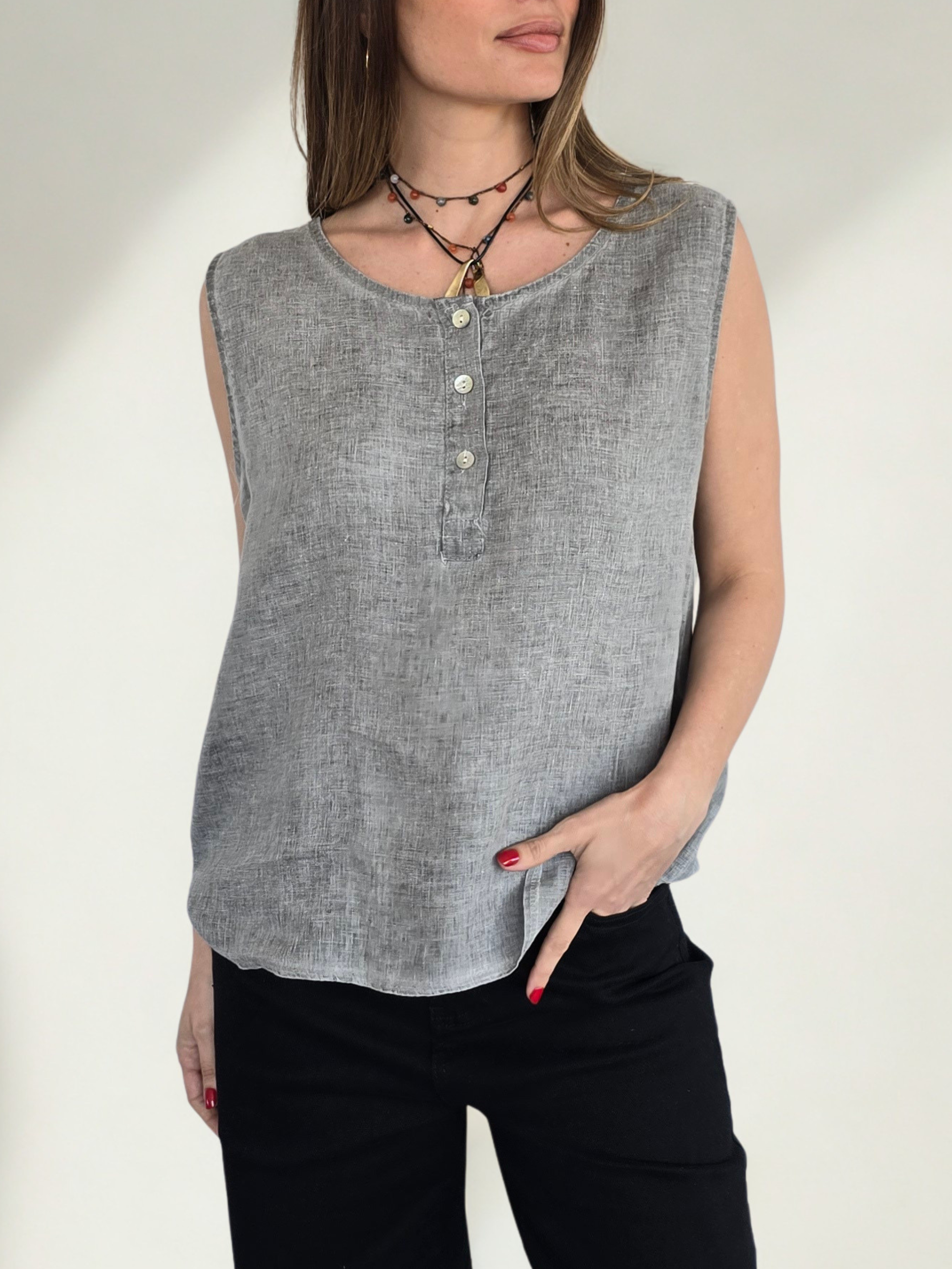 Blusa Italiana 100% Lino, sin mangas, color Gris