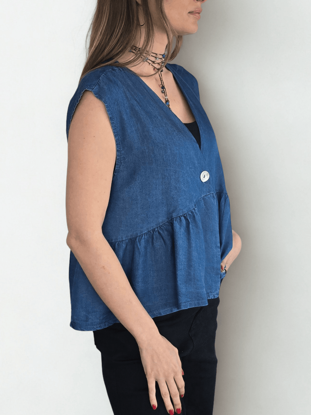 Blusa Italiana Tencel un Botón, color Azul
