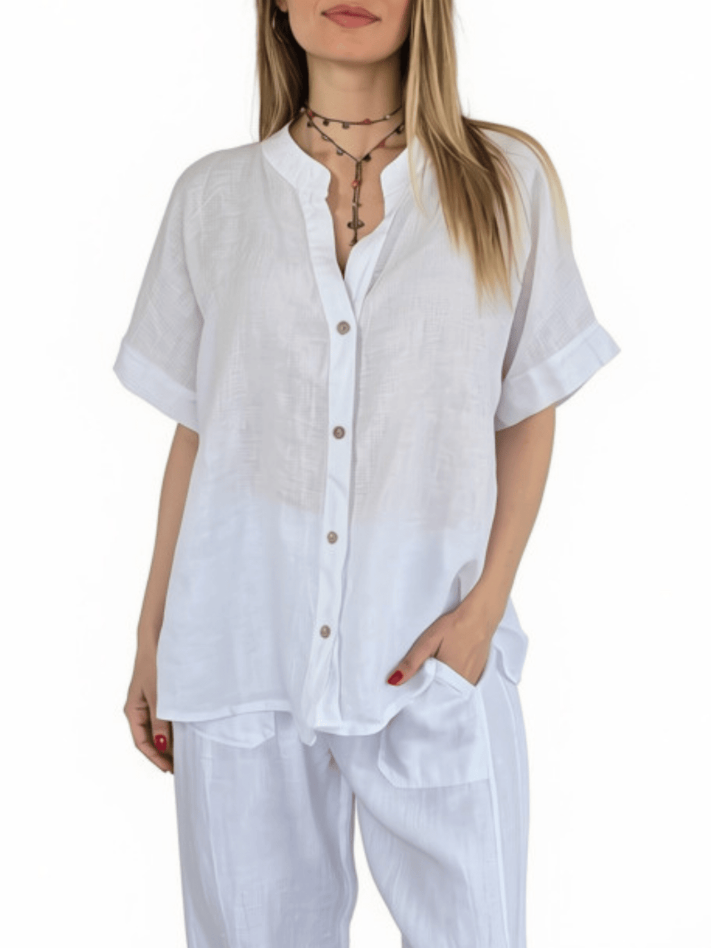 Blusa Italiana 100% Lino Escote en V, color Blanco