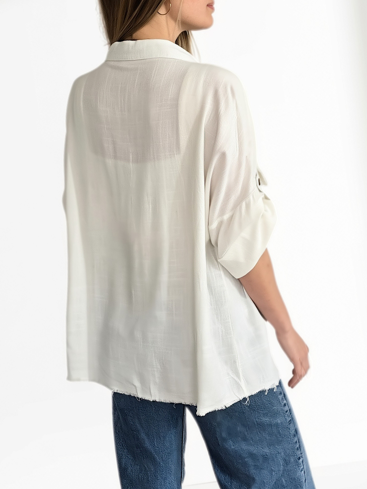 Blusa Bolsillos Desflecados, color Blanco