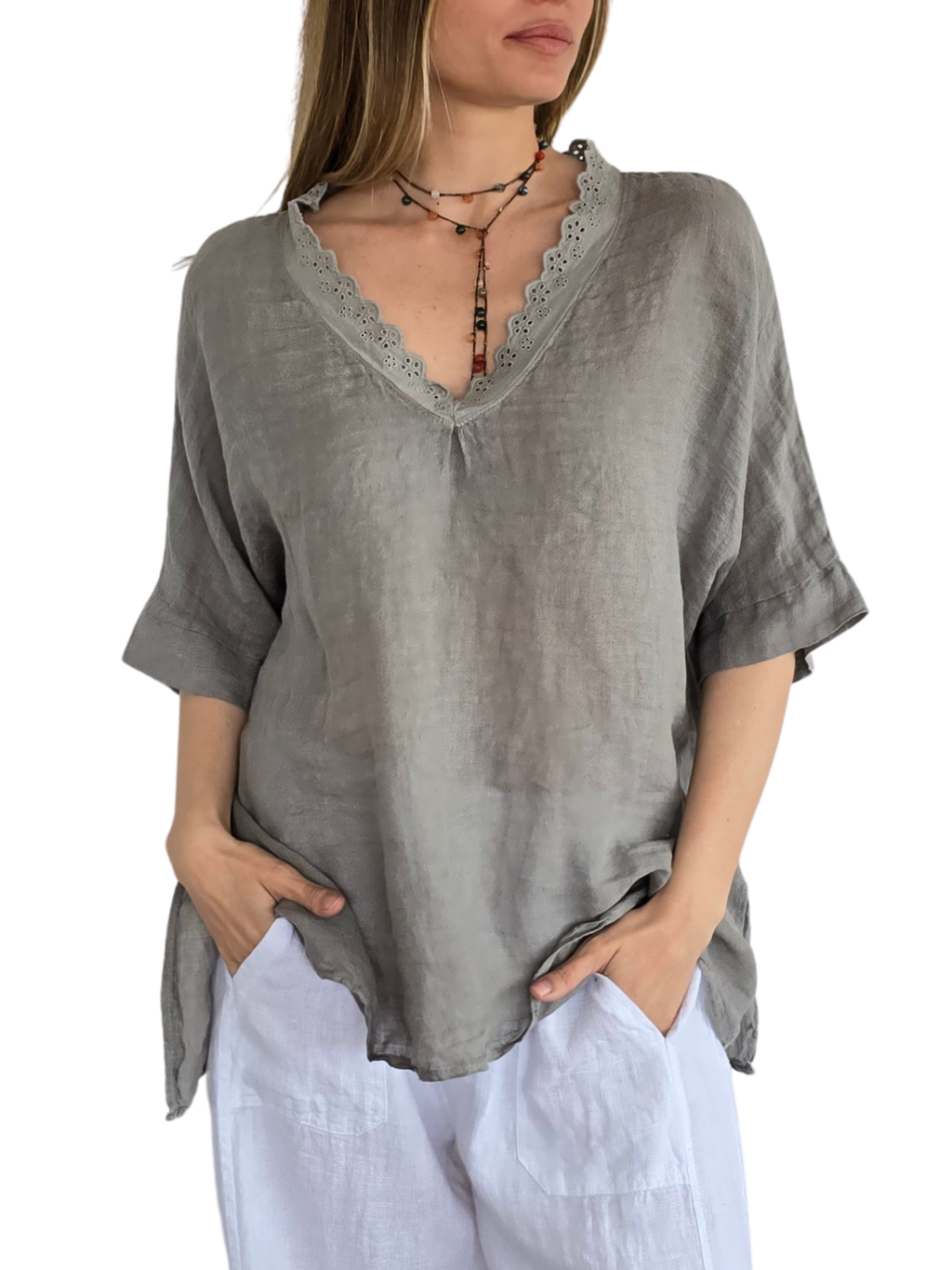 Blusa Italiana Escote Bordado, color Taupe