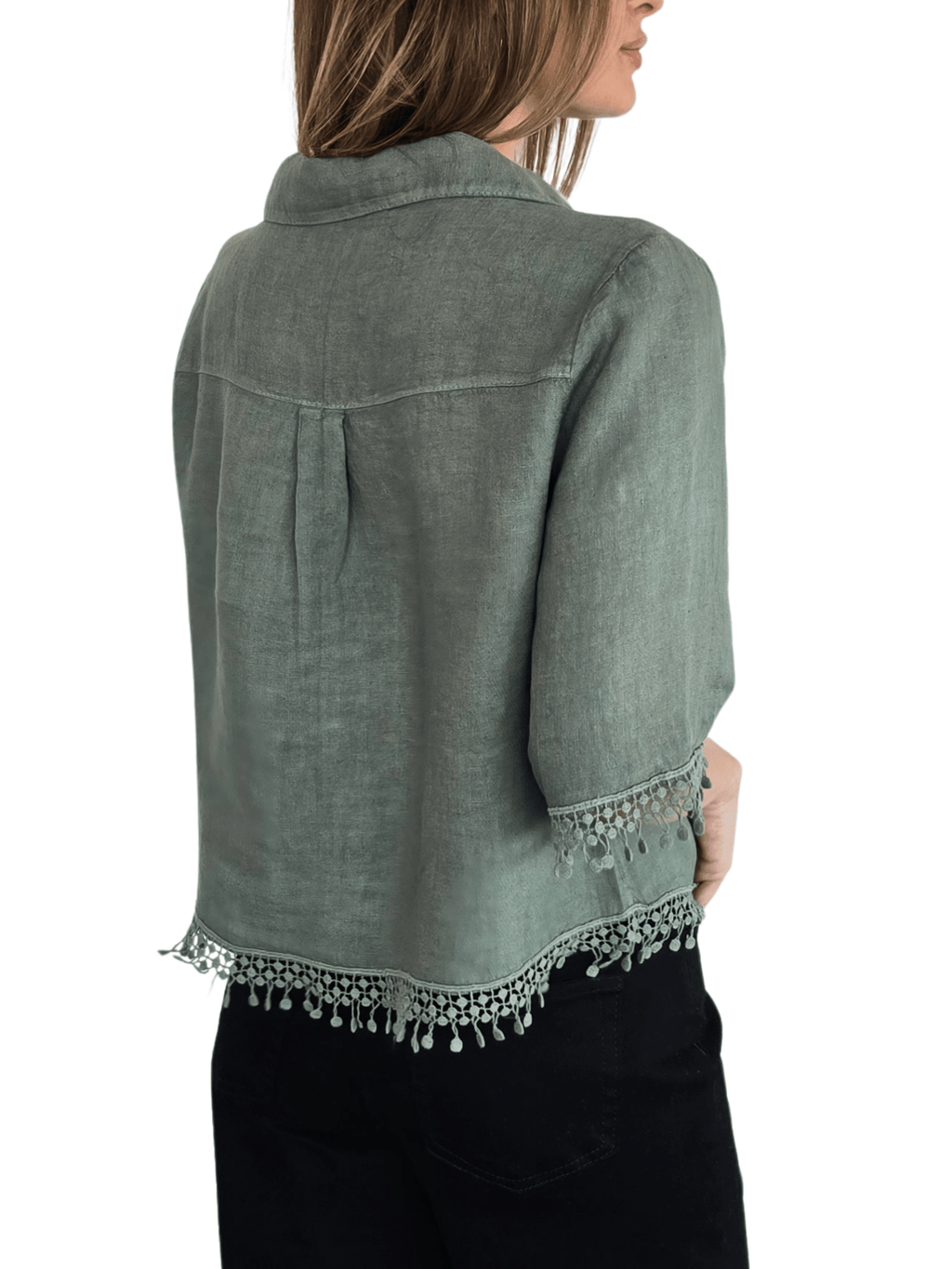 Blusa Italiana 100% Lino Bordada, color Verde