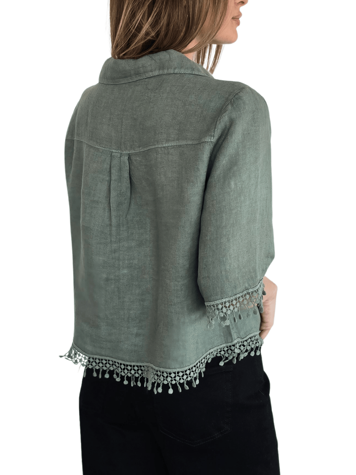 Blusa Italiana 100% Lino Bordada, color Verde
