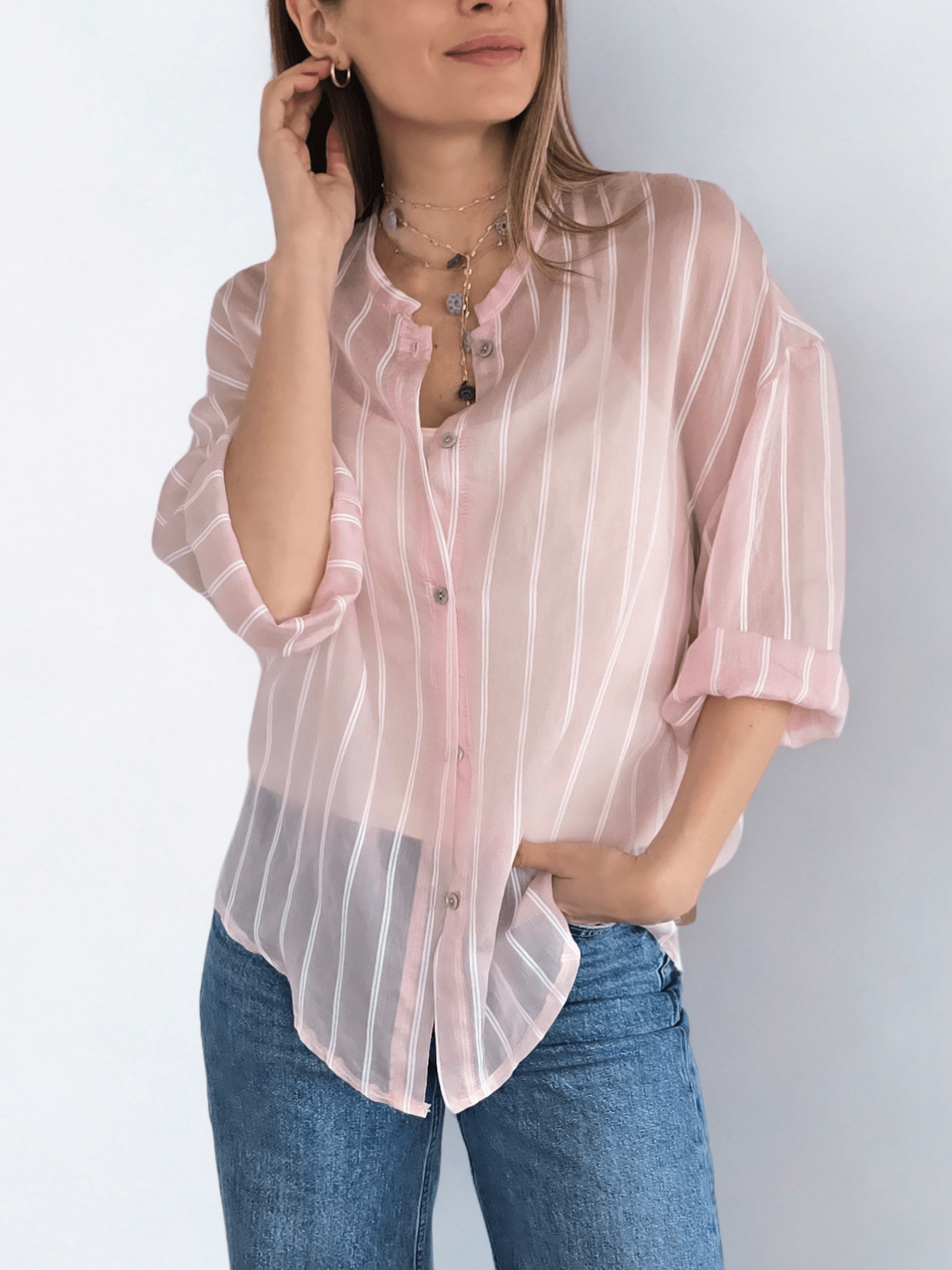 Blusa Italiana Rayada, fondo Rosado