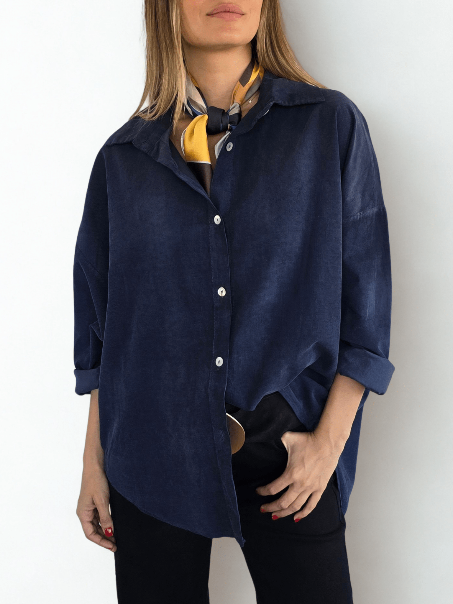 Blusa Italiana cotelé mil rayas, color Azul Marino