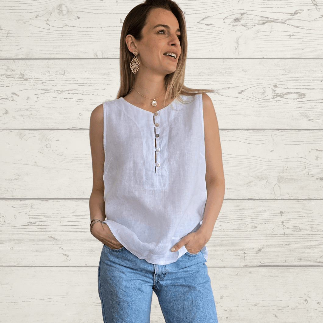 Blusa de Lino Italiano botoncitos, color Blanco